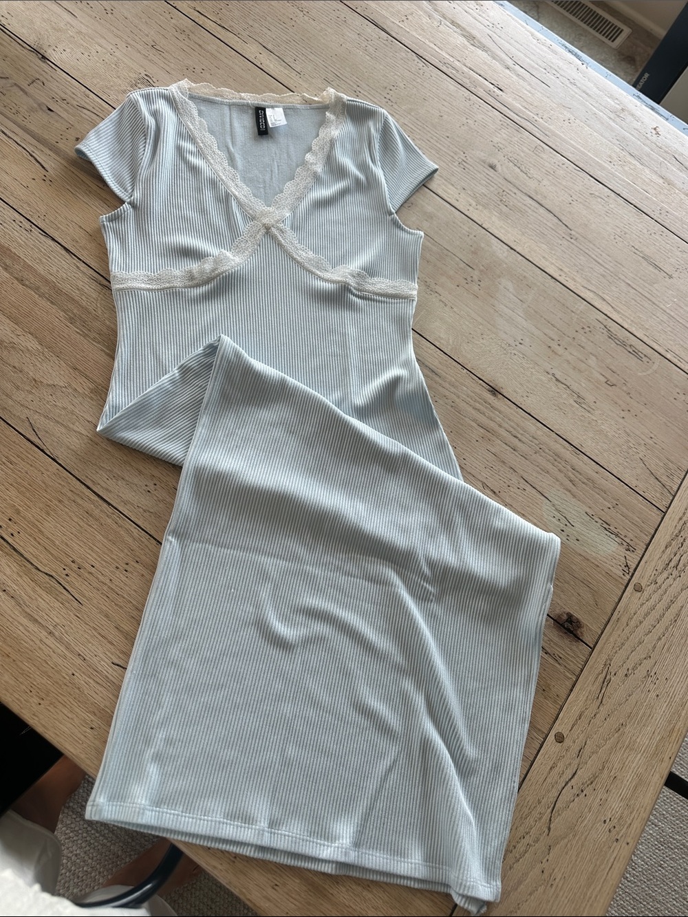 Divided Light Blue Ribbed Lace-Trim Slip Dress